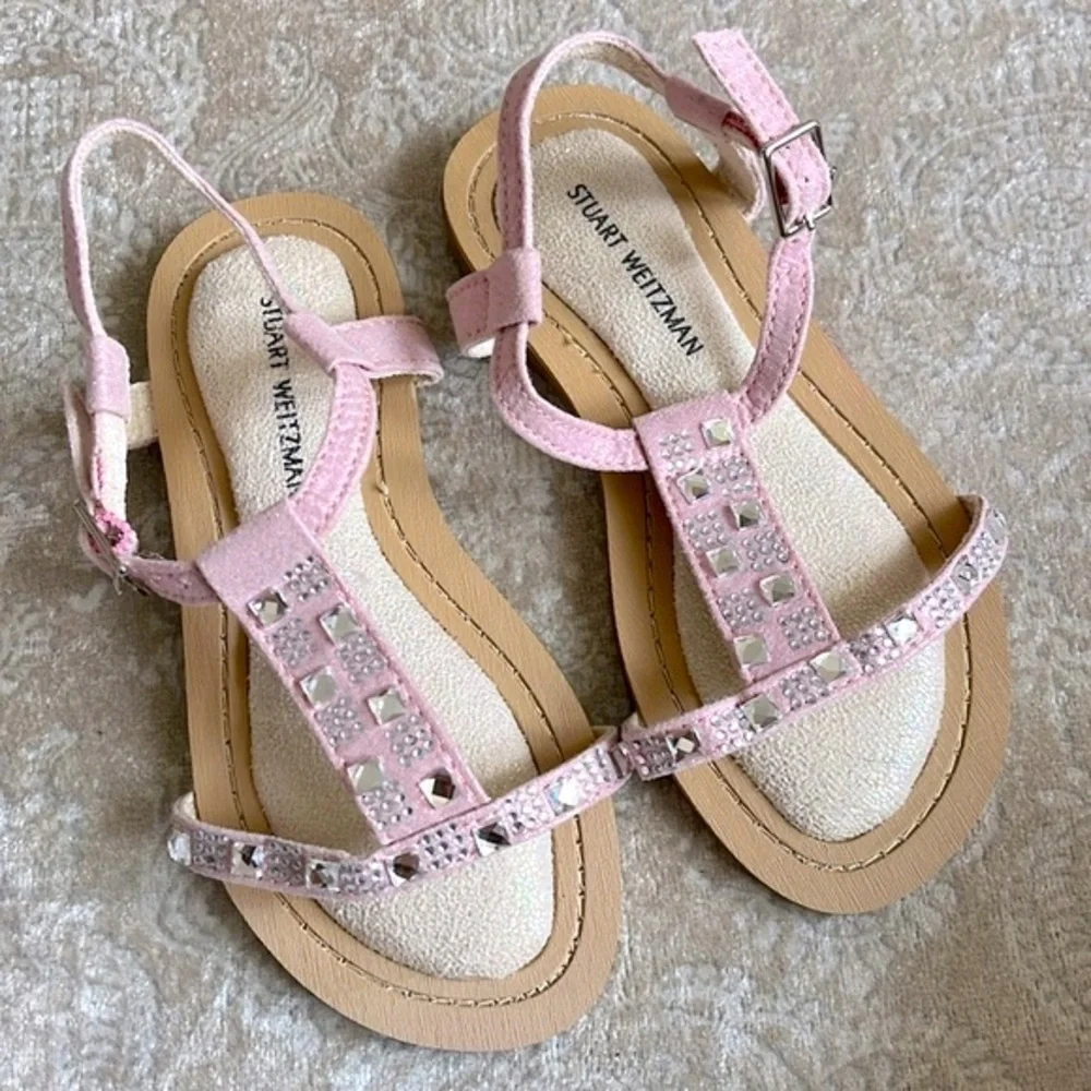 Brand New Stuart Weitzman Rose Pink Ankle Strap Padded Girls Sandals Beaded Gems